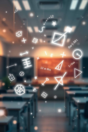 Geometric symbols and symbols on a blurred classroom background. 3D Renderingの写真素材
