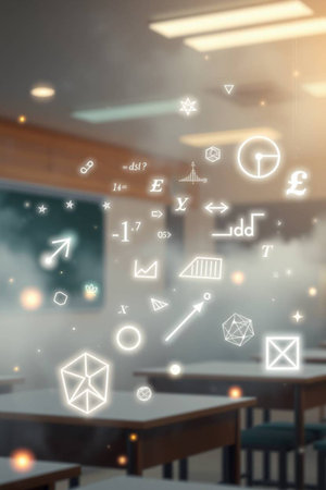 Abstract glowing icons on blurred interior background. Technology and innovation concept. Double exposureの写真素材