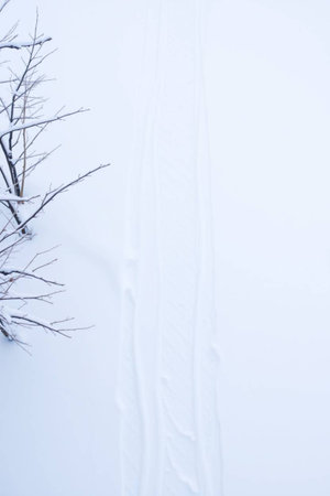 Traces of car tires on the snow. Winter landscape background.の写真素材