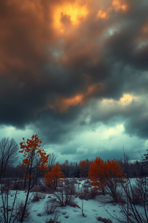Sunset in the winter landscape. Dramatic sky with storm clouds.の写真素材