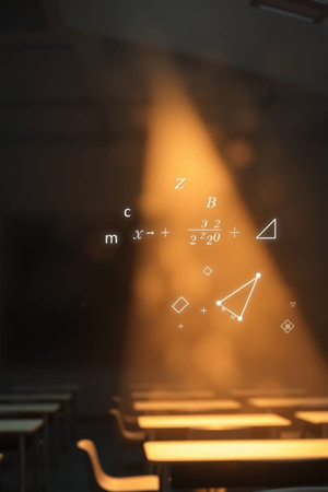 Classroom at night with light from the ceiling. Backlightの写真素材