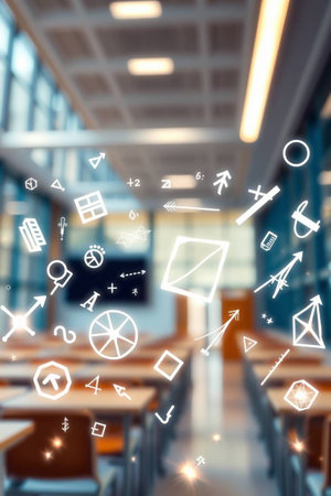 Blur classroom with white icons on blurred background. Education concept. 3D Renderingの写真素材