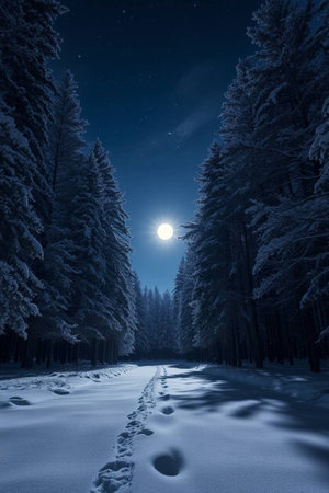Winter night in the forest with snow covered trees and full moon.の写真素材