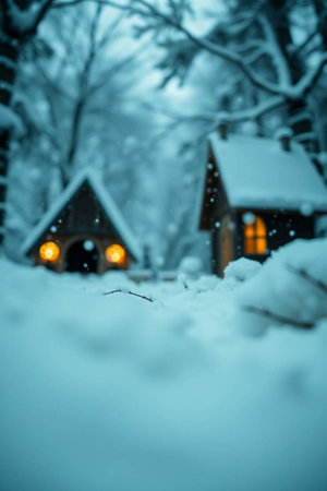 Beautiful winter background with a house in the snowの写真素材