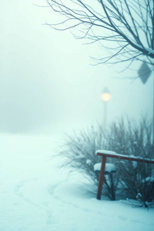 Winter landscape with snow covered trees and street lamp in the fog.の写真素材