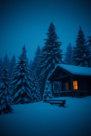 Wooden house in the mountains at night. Beautiful winter landscape.の写真素材