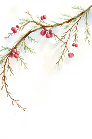 Watercolor illustration of a branch with red berries on a white backgroundの写真素材