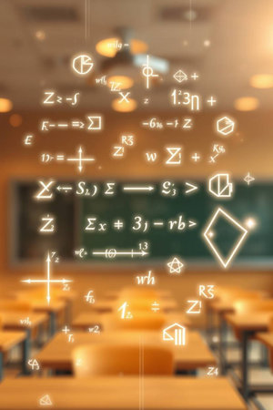 Mathematical formulas and symbols on the background of the classroom.の写真素材