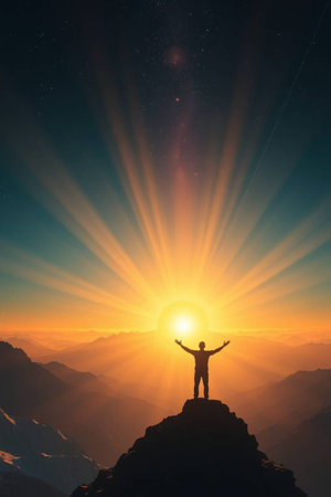 Silhouette of a man standing on top of a mountain in the rays of the rising sun