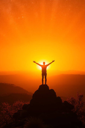 Silhouette of a man with raised hands standing on top of a mountain at sunrise