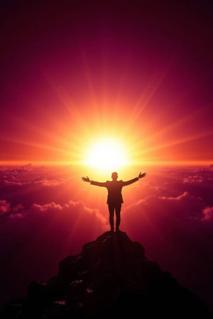 Silhouette of a man standing on top of a mountain and raising his hands up.の写真素材