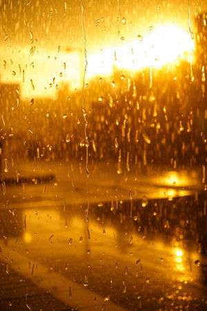 raindrops on the glass in the city at sunset, defocused
