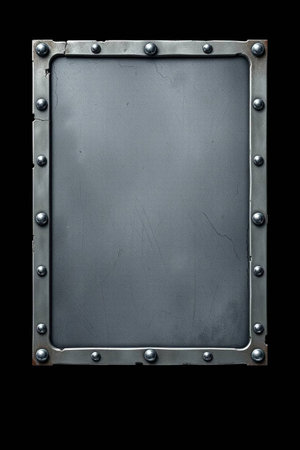 Blank metal signboard with rivets isolated on black background.の写真素材