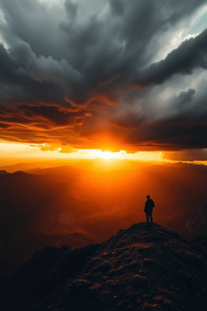 Man standing on top of the mountain and looking at the sunset.の写真素材
