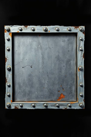 Old metal frame with rivets on a black background, copy spaceの写真素材