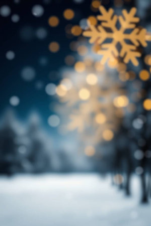 Blurred christmas background with bokeh lights and snowflakesの写真素材