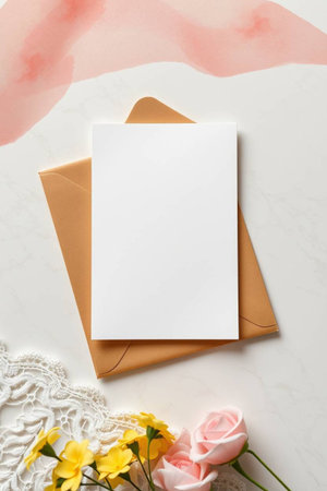Greeting card mockup with envelope and flowersle background