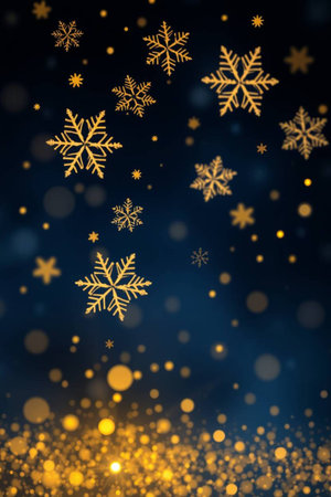 Golden snowflakes on blue background. Christmas and New Year concept.の写真素材