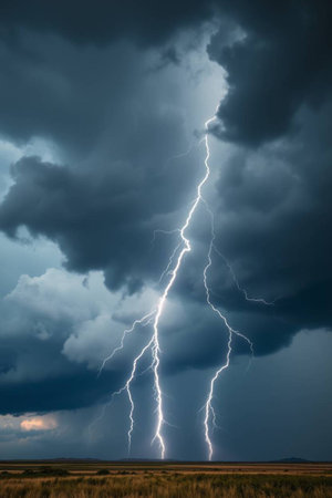A lightning strike in a stormy sky over the prairie.