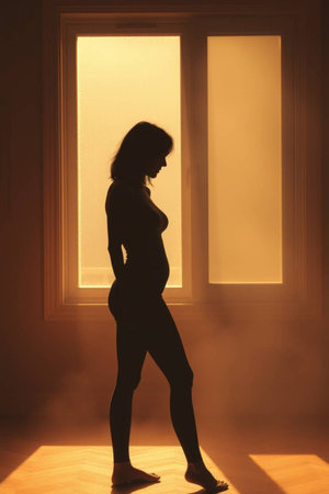 Silhouette of a beautiful woman in the light of the windowの写真素材