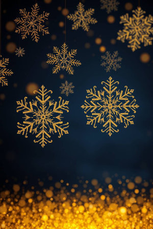 Christmas background with golden snowflakes on a dark blue background.