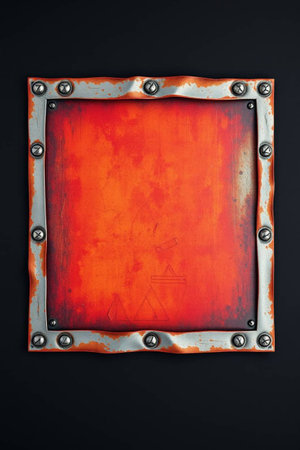 Rusty metal frame with rivets on black background.