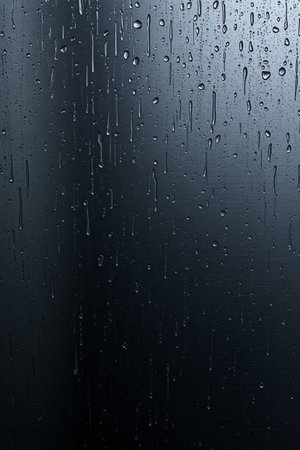 Water drops on black glass surface. Abstract background and texture for design.