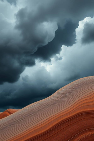 Dramatic stormy sky over red sand dunes. 3D illustrationの写真素材