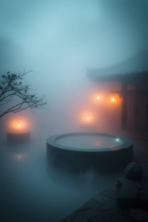 Chinese traditional house in a foggy garden, closeup of photo