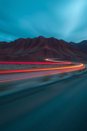 Light trails on the road at night. Long exposure photo taken in California, USA.の写真素材