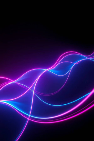 Abstract background with blue and purple glowing lines on black backdrop. Vector illustration.