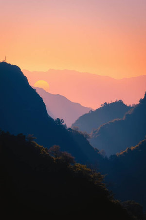 Mountain landscape at sunset.