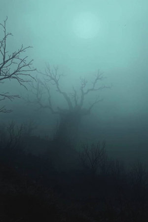 Dead trees in the foggy forest at night.