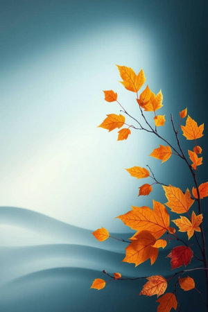 Autumn leaves on a blue background with copy space for your textの写真素材