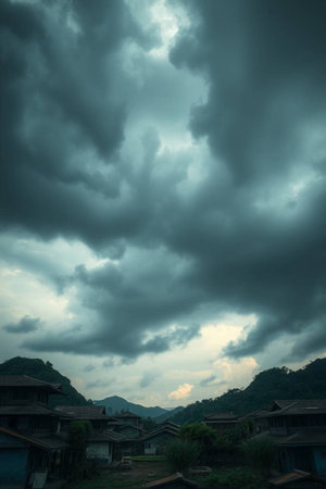 Cloudy sky with silhouette of houses in a village in the mountains