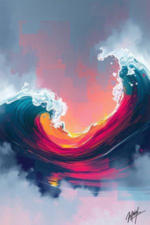abstract watercolor background with wave and cloud, digital painting illustration