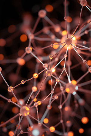 Abstract 3d rendering of network structure. Network connection structure with glowing particles.