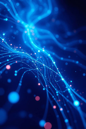 abstract blue background with glowing particles, lines and bokehの写真素材