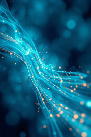 abstract blue background with glowing particles, lines and bokehの写真素材