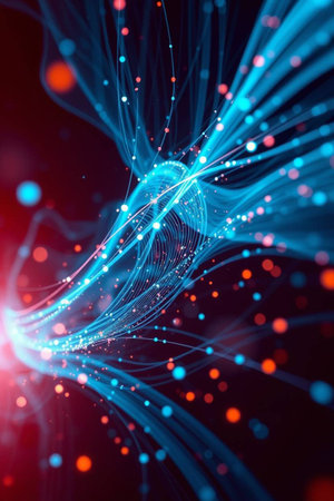 abstract blue background with glowing particles, lines and bokehの写真素材