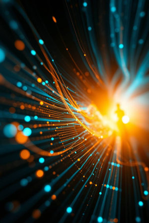 abstract technology background with fiber optic light rays and bokehの写真素材