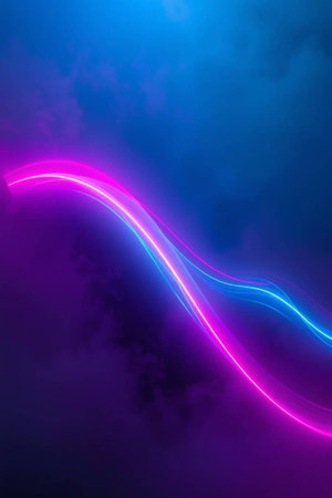 abstract background with purple and blue neon light lines on dark sky