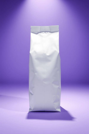 White blank foil bag mockup on purple background, 3d rendering