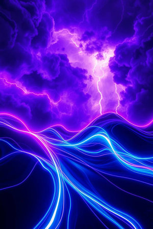 Abstract lightning in dark stormy sky, computer generated abstract background, 3D render