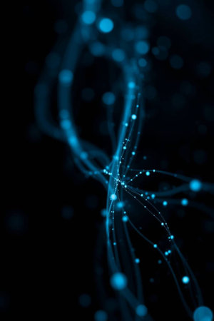 Abstract blue background with glowing particles, lines and bokeh.の写真素材