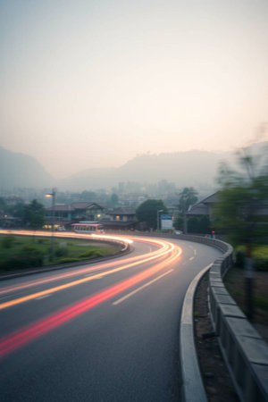 car light trails on the road in chiangmai province.の写真素材
