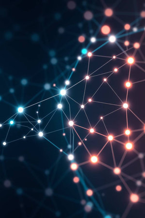 3D rendering of a network of connected dots and lines on a dark background