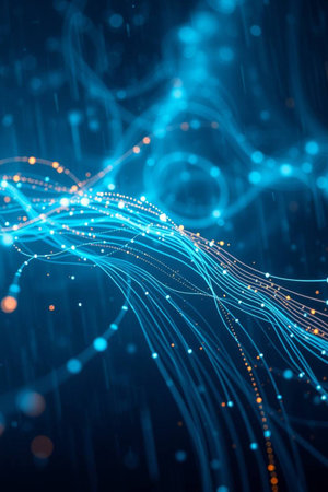 abstract blue background with glowing particles, lines and bokeh