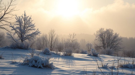 Winter landscape with trees in hoarfrost and snow on a sunny dayの写真素材