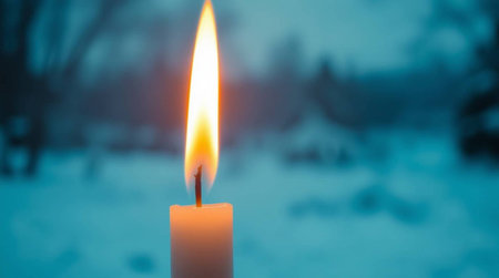 Burning candle in the snow on a background of a winter landscapeの写真素材